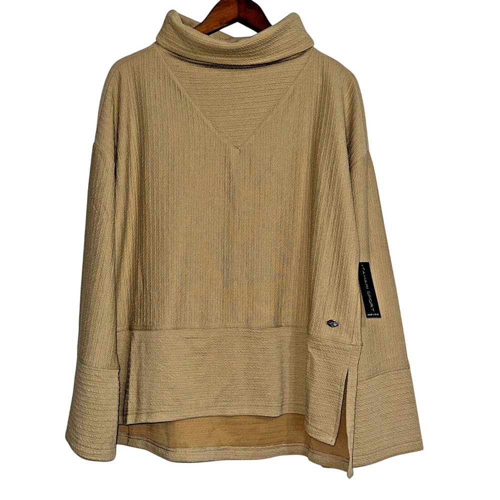 Tahari Sport Womens Long Sleeve L Latte Cowl Neck Ridged Casual Tunic NEW $90‎